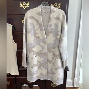 Kinross Cashmere Cream, blue and beige Camouflage Long Cardigan-100% cashmere